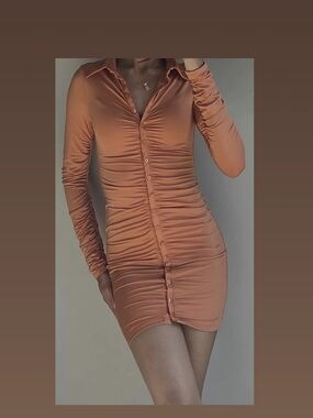 Ruched Button-Front Bodycon Dress in Burnt Peach XS